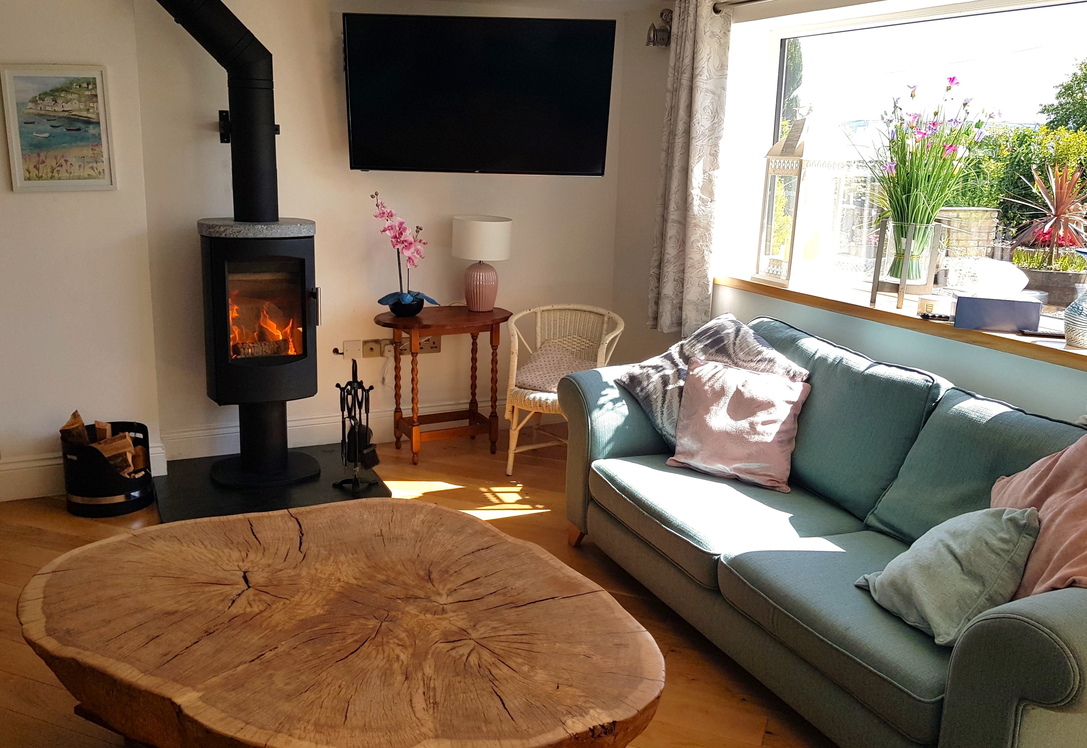 A image taken from the main lounge, showing a fireplace, TV, and other furniture.